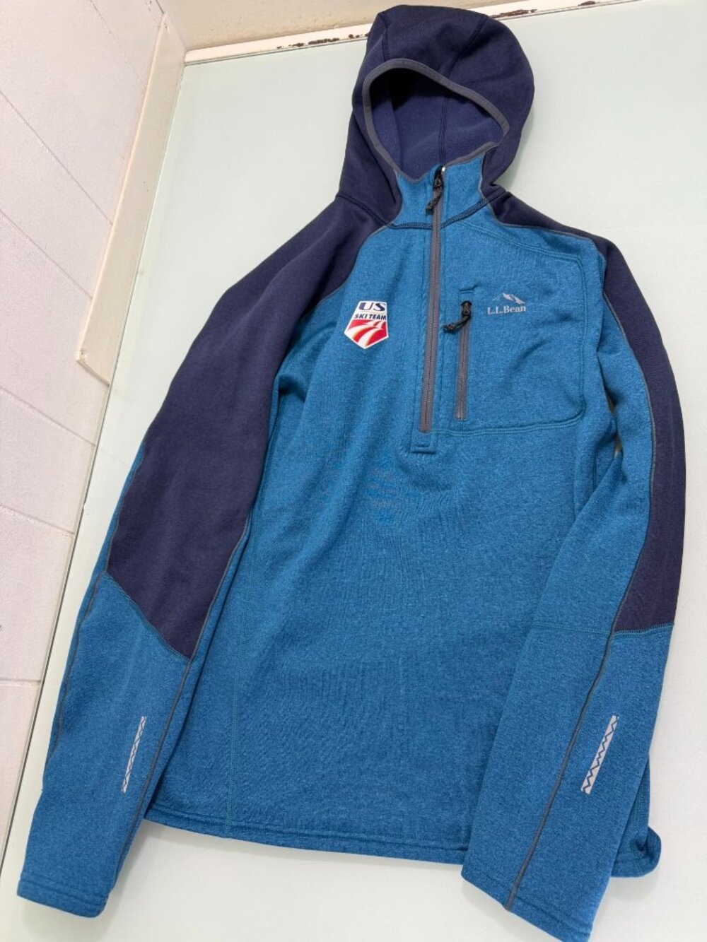 L.L. Bean Hooded Fleece Jacket U.S. Ski Team 1/2 Zip Mens Small S Turquoise